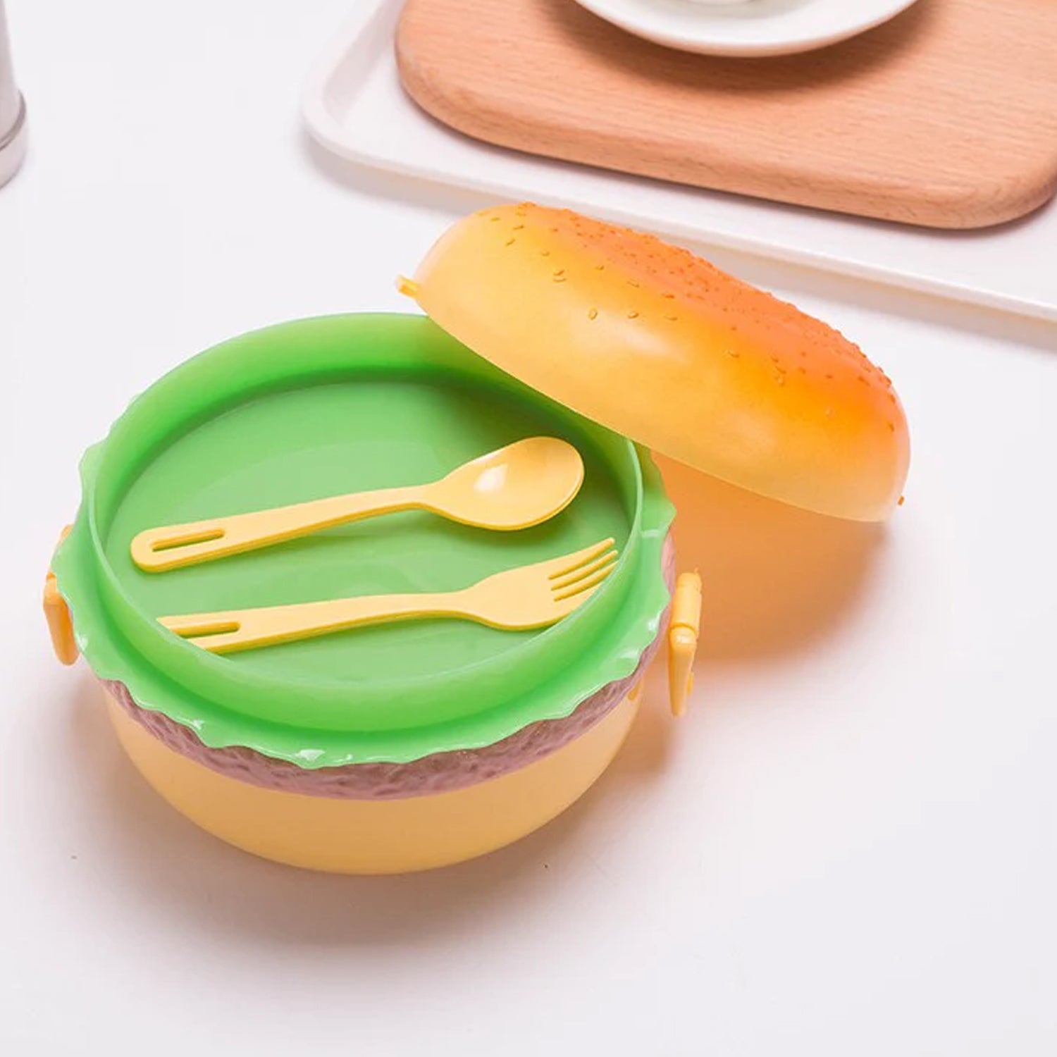 5313 Burger Shape Lunch Box Plastic Lunch Box Food Container Sets Double Layer Lunchbox 1000ml With 2 Spoon Applicable To Kids And Elementary School Students 5313 Burger Shape Lunch Box Plastic Lunch Box Food Container Sets Double Layer Lunchbox 1000ml With 2 Spoon Applicable To Kids And Elementary School Students